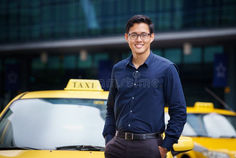 Portrait taxi driver smile car driving happy