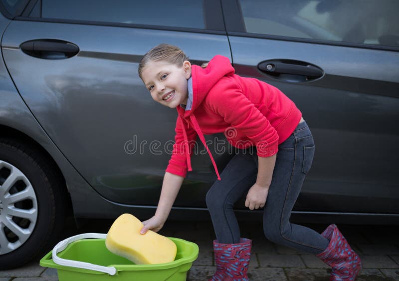 Teenage Girl Washing A Car On A Sunny Day Stock Photo Image Of H