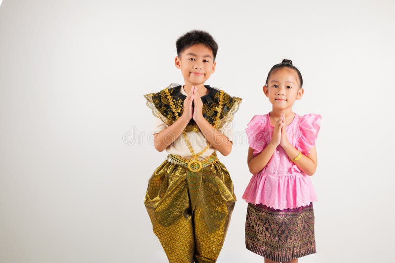 Portrait Thailand kid boy and girl smiling traditional Thai dress costume posing royalty free stock photos