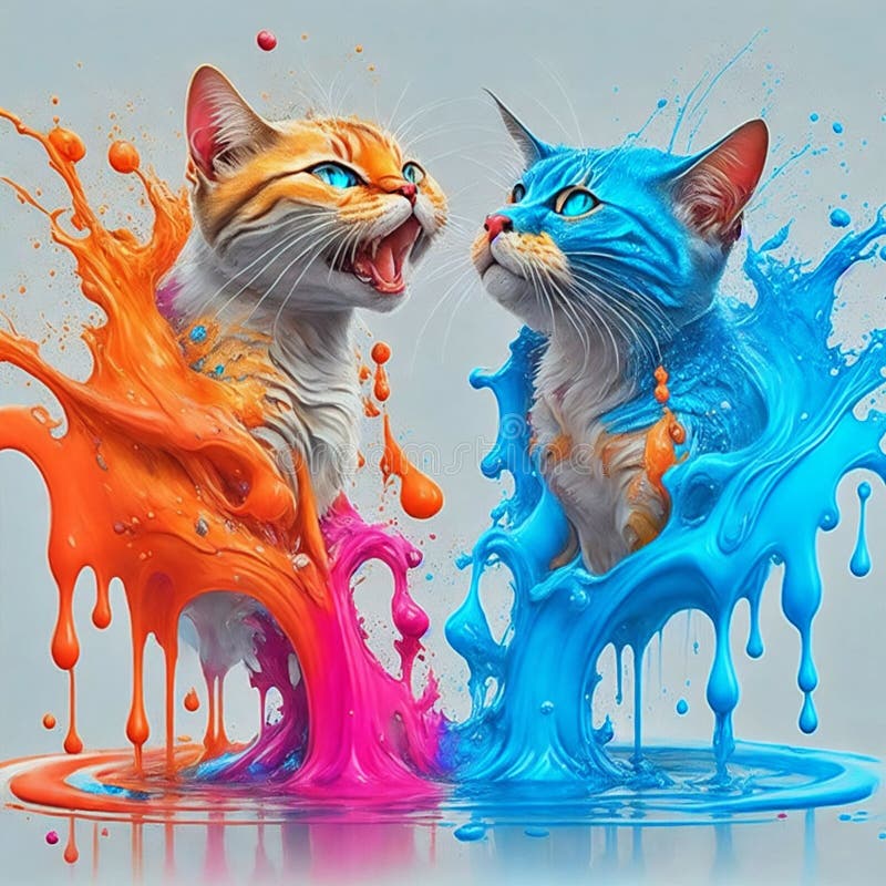 A Portrait of Two Cats with Splashes of Vibrant Paint, Generated by AI