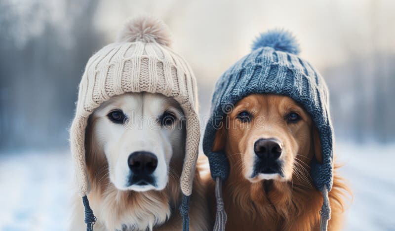Portrait of two cute dogs with winter hats royalty free illustration