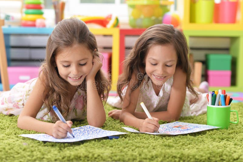 Two Cute Little Girls Drawing with Pencils Stock Photo - Image of bliss ...