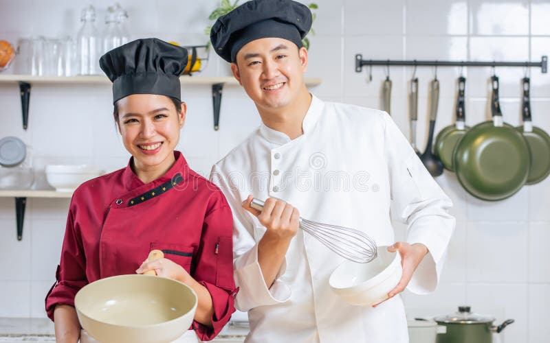 Portrait Two Young Adult Asian Professional Couple Chefs Wearing Uniform Hat Happily Smiling 