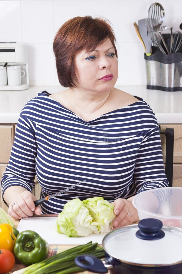 Portrait of Unhappy Woman in Kitchen Stock Image - Image of house ...