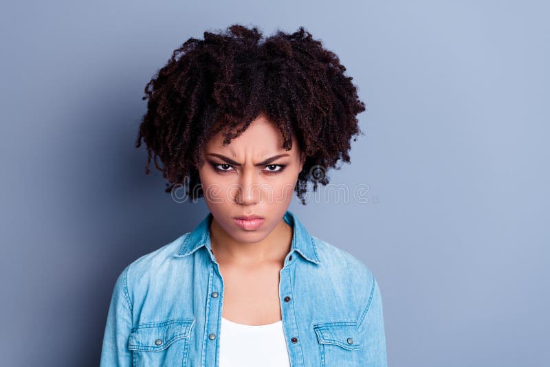 Portrait Of Unsatisfied Capricious Angry Girl Wear Denim Clothes Sullen