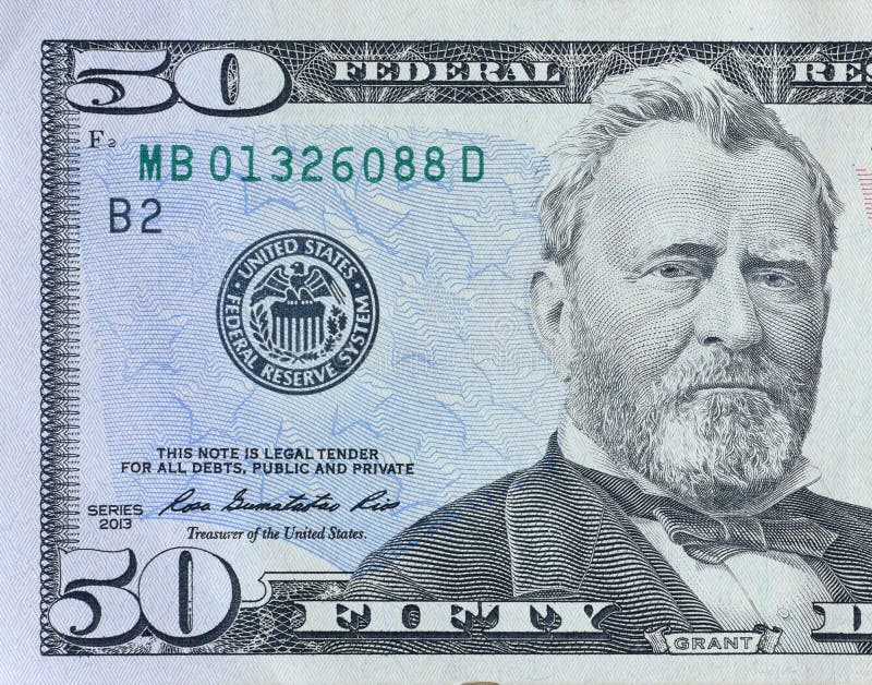 Portrait of US president Ulysses Simpson Grant on 50 dollars banknote closeup macro fragment. United states fifty dollars money