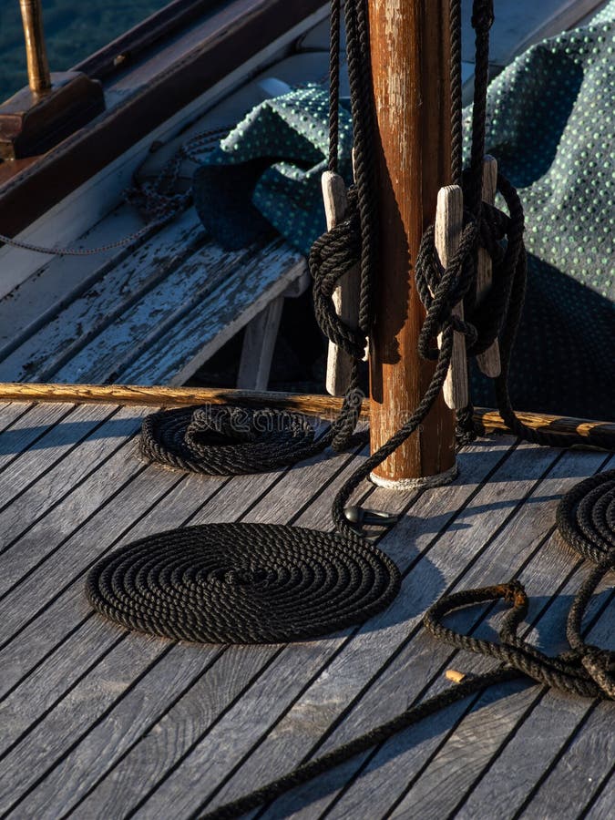 Portrait View of Rope Arranged in Circle on Wooden Boat Deck. Stock ...