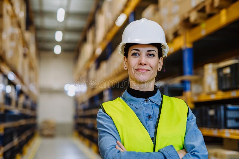 Portrait of Warehouse Female Worker in Reflective Vest. Stock Image