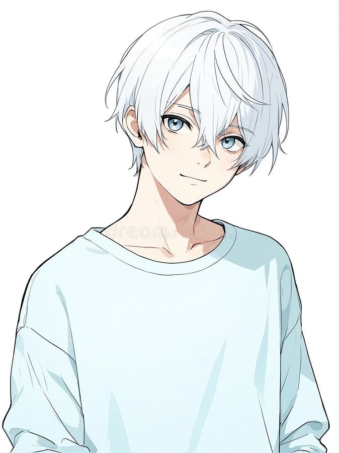 Portrait of White Hair Young Boy Posing Shy Cute on Plain White