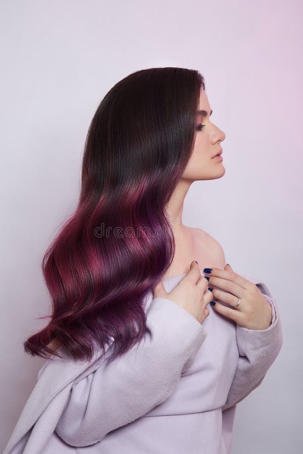 Portrait of a Woman with Bright Colored Flying Hair, All Shades of Purple.  Shiny Healthy Colored Hair Coloring, Beautiful Lips and Stock Image - Image  of look, makeup: 183244895