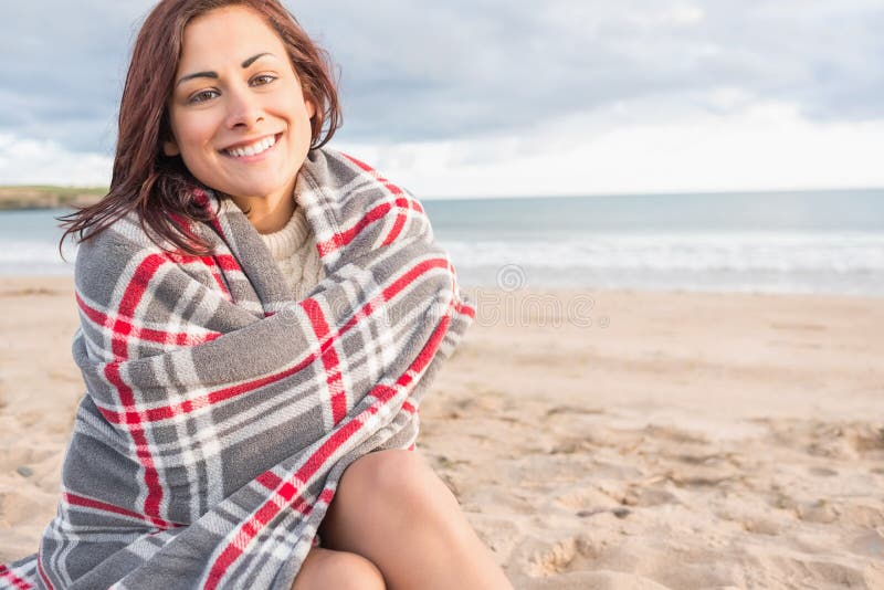 Portrait of a Woman Covered with Blanket at Beach Stock Image - Image ...