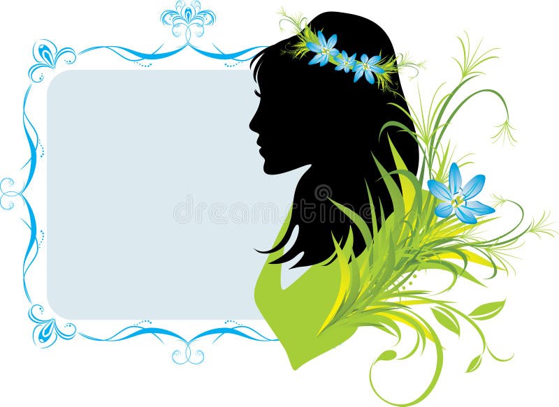 Portrait of woman with flowers. Decorative frame