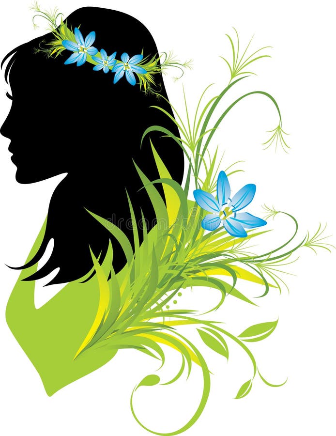 Portrait of woman with flowers in hair. Silhouette