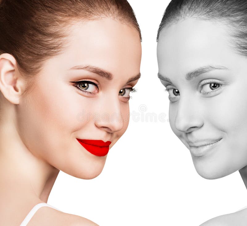 Comparison portrait of young woman with and without makeup.