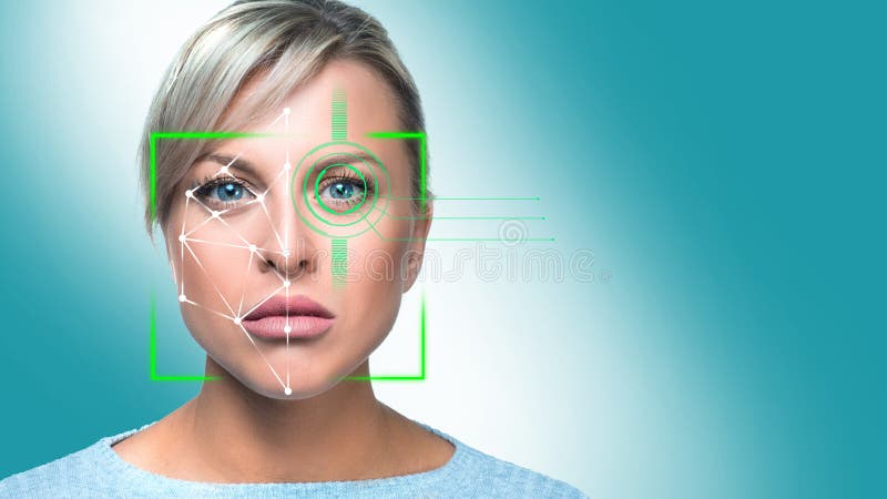 Portrait of a woman scanned by the security system. Face id with copy space. royalty free stock images Portrait of a woman scanned by the security system. Face id with copy space. royalty free stock images