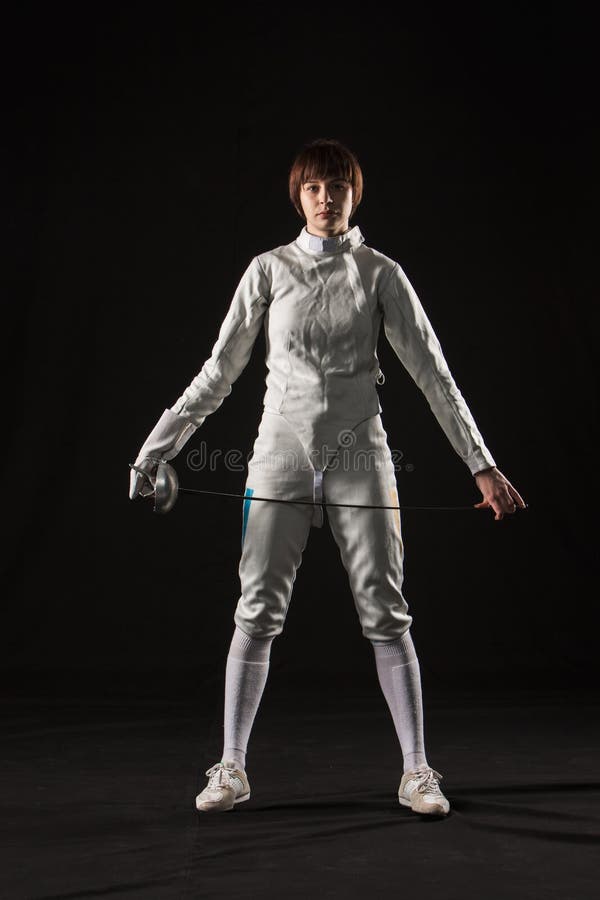 The Portrait Of Woman Wearing White Fencing Costume On Black Stock Image Image Of Fighting