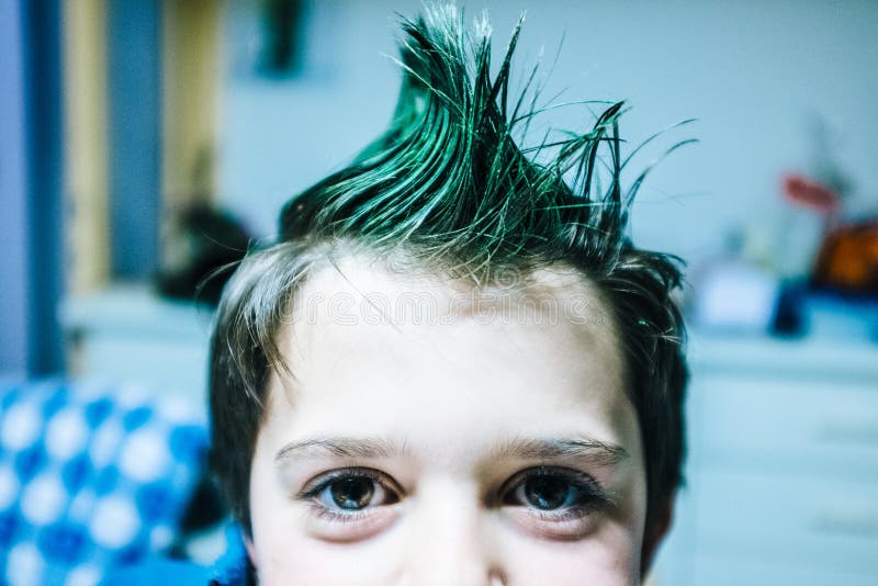 Portrait of 9 Year Old Baby Boy with Crest of Green Colored Hair Stock  Image - Image of color, fashion: 110526691