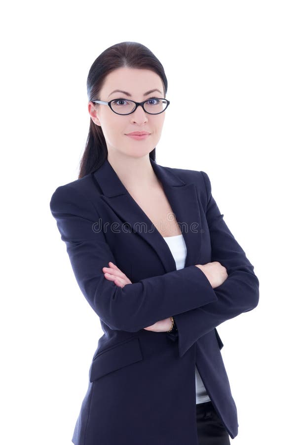Portrait of young attractive business woman isolated on white