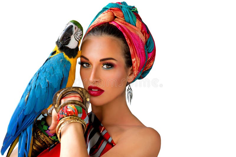 Portrait of young attractive woman in african style wiht ara stock photos Portrait of young attractive woman in african style wiht ara stock photos