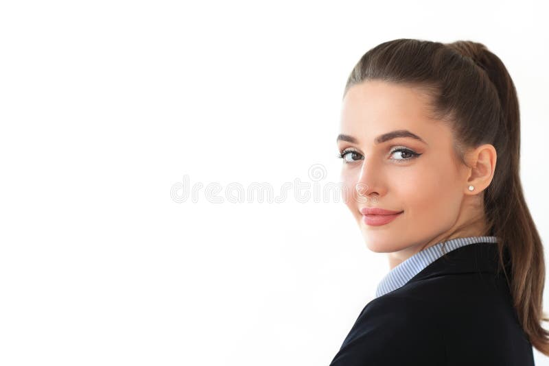 Portrait of young beautiful business woman on white background