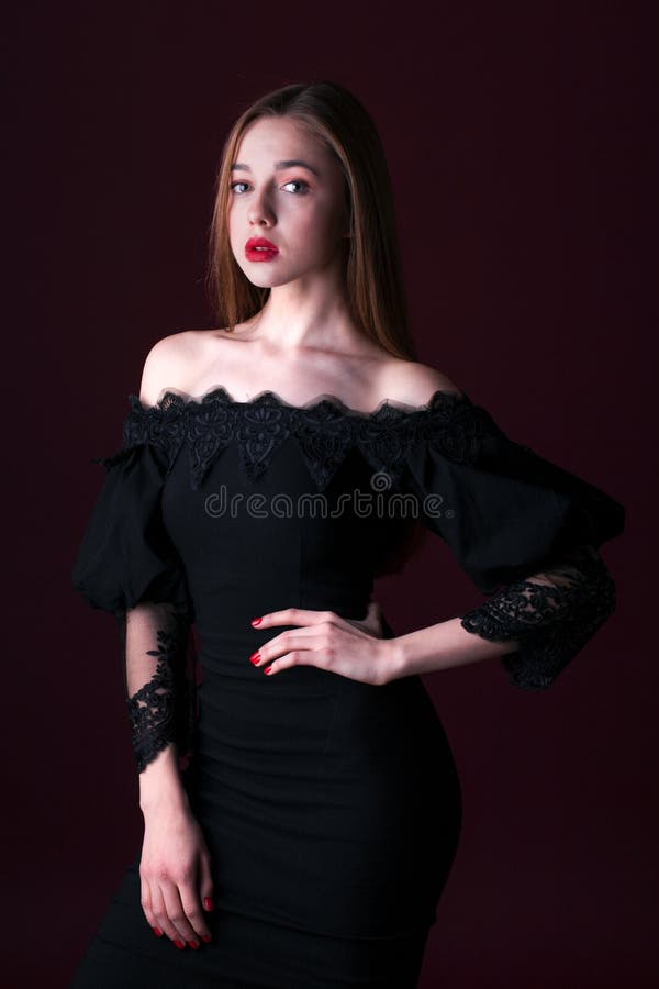 Portrait of a Young Beautiful Girl in Black Dress Stock Image - Image ...