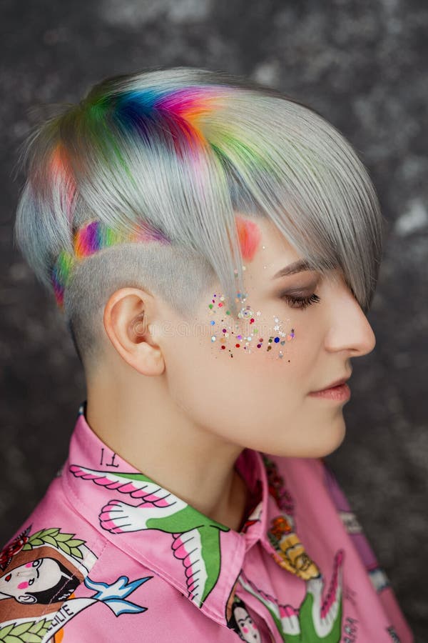 Portrait of a Young Beautiful Girl in a Pink Shirt on a Gray Background with Dyed Hair. Short Haircut Pixie or Bob Stock Image - Image of pink, face: 181733735 Portrait of a Young Beautiful Girl in a Pink Shirt on a Gray Background with Dyed Hair. Short Haircut Pixie or Bob Stock Image - Image of pink, face: 181733735