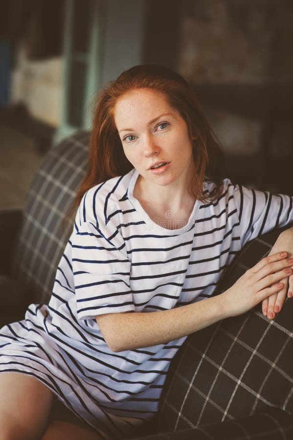 Portrait Of Young Beautiful Redhead Woman Relaxing At Home In The Autumn Stock Image - Image of 