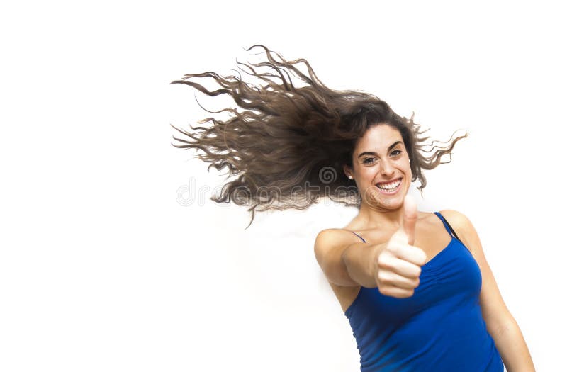 Portrait Of Young Beautiful Woman Shaking Her Hair And Pointing Stock Image Image Of Glamour