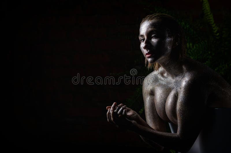 Portrait of a Young Beautiful Woman with Very Big Breasts in Silver Paint.  Naked Girl with Sparkles of Metallic Color on Stock Image - Image of  glisten, female: 204161587