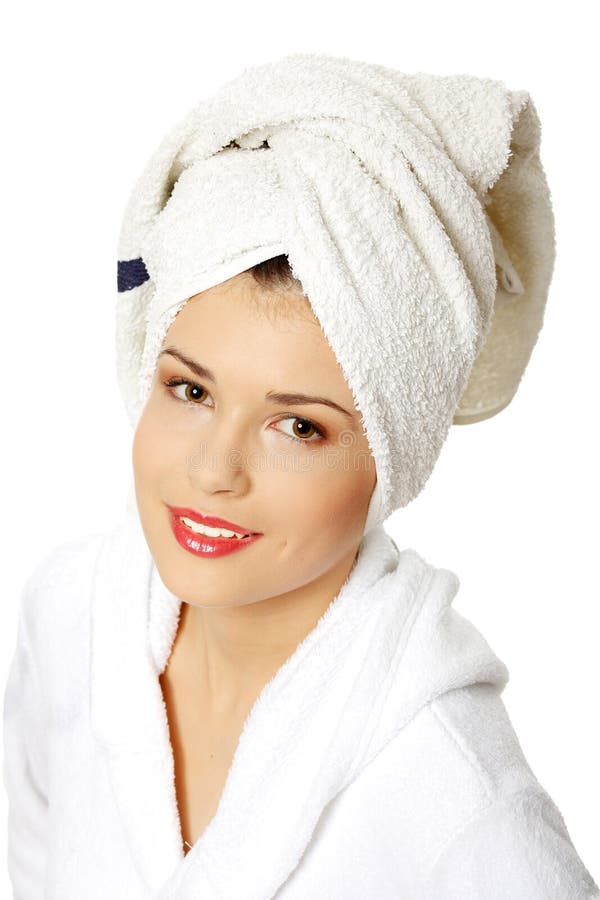 Portrait of Young Beautiful Woman Wearing Bathrobe Stock Image Image