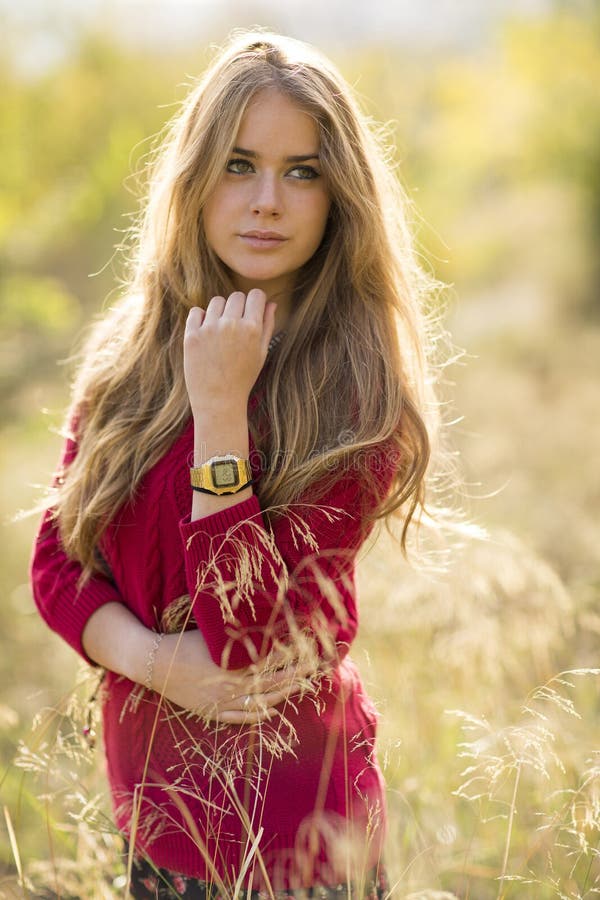 Portrait of a Young Blonde Female on Field. Beautiful Woman. Stock ...