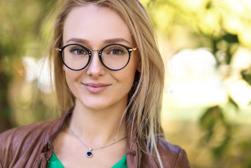 Portrait Of Young Blonde Woman With Stylish Glasses Outdoor In Park Stock Image Image Of