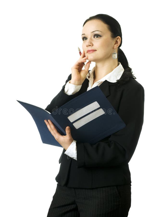 Portrait of young business woman thinking