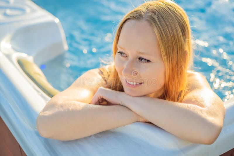 Portrait Of Young Carefree Happy Smiling Woman Relaxing At Hot Tub During Enjoying Happy