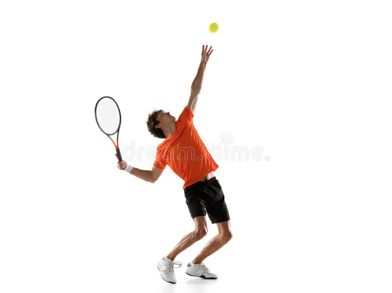 Portrait of young Caucasian man, professional tennis player in orange black uniform posing isolated on white background. Concept of active life, team game, energy, sport, competition. Portrait of young Caucasian man, professional tennis player in orange black uniform posing isolated on white background. Concept of active life, team game, energy, sport, competition.