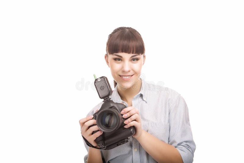 Portrait of Young Caucasian Woman Taking Images With Professional Photo Camera royalty free stock image Portrait of Young Caucasian Woman Taking Images With Professional Photo Camera royalty free stock image