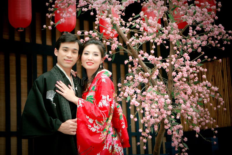 Portrait of young couple in japan dress