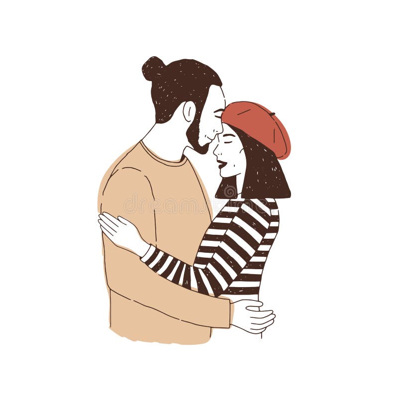 Portrait Of Young Couple Or Lovers On Date Man Hugging And Kissing Woman In Beret In Forehead Boy And Girl In Love Stock Vector Illustration Of Kiss Portrait