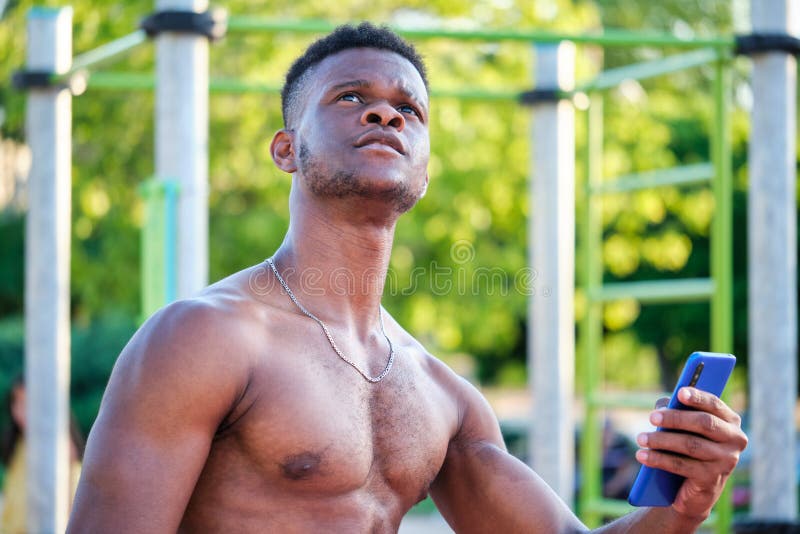 Premium Photo  Shirtless black man gym and water bottle for