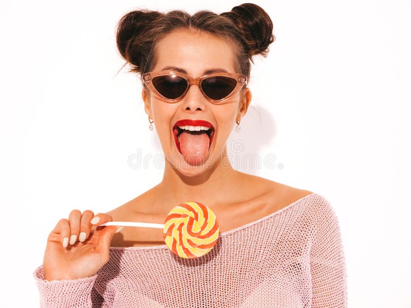 Portrait of young funny woman posing in studio