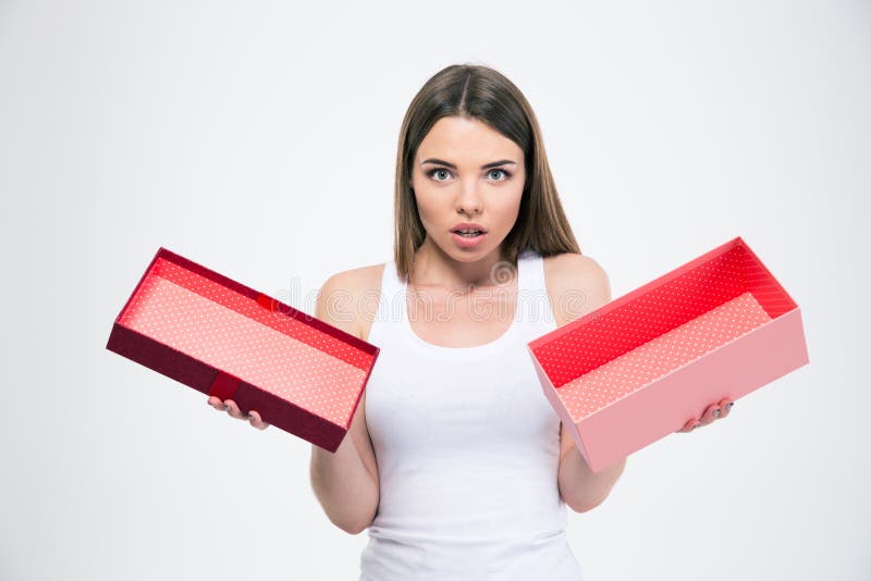 Portrait of a young girl holding empty gift box royalty free stock images Portrait of a young girl holding empty gift box royalty free stock images
