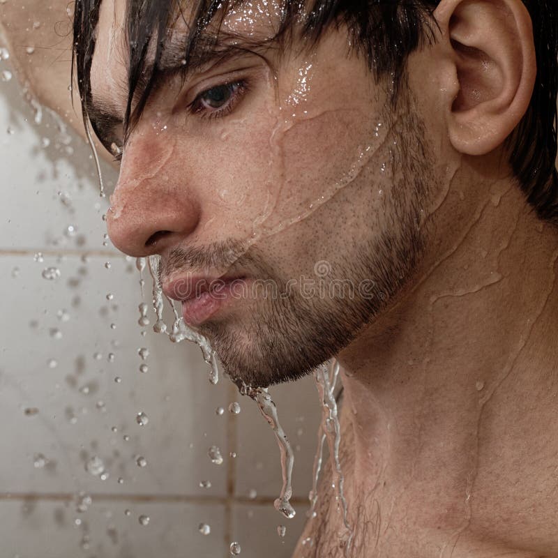 Portrait of a Young Handsome Man Takes a Shower Stock Photo Image of