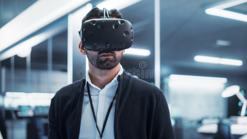 Portrait of a Young Industrial Specialist Wearing a Virtual Reality Headset in a High Tech