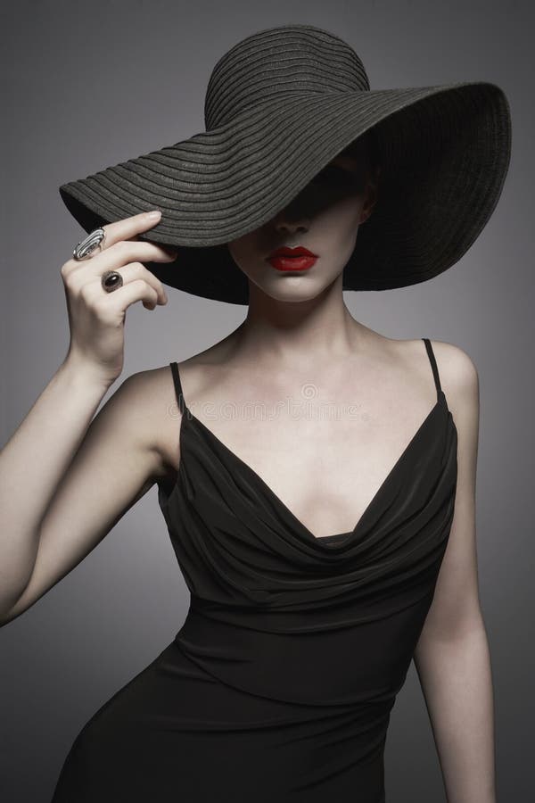Portrait of Young Lady with Black Hat and Evening Dress Stock Photo ...