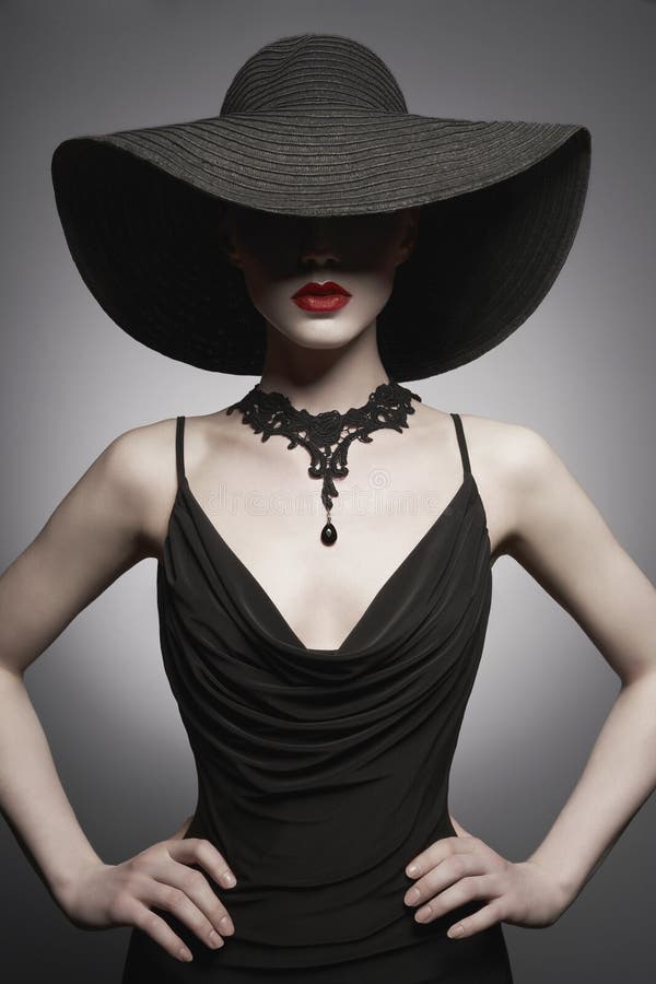 Portrait Of Young Lady With Black Hat And Evening Dress Stock Image ...