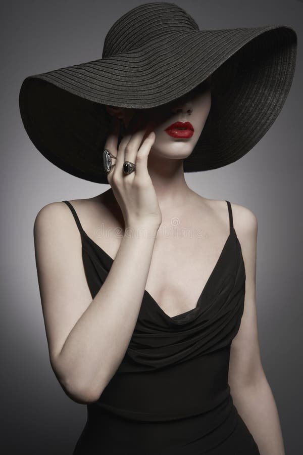 Portrait of Young Lady with Black Hat and Evening Dress Stock Image ...