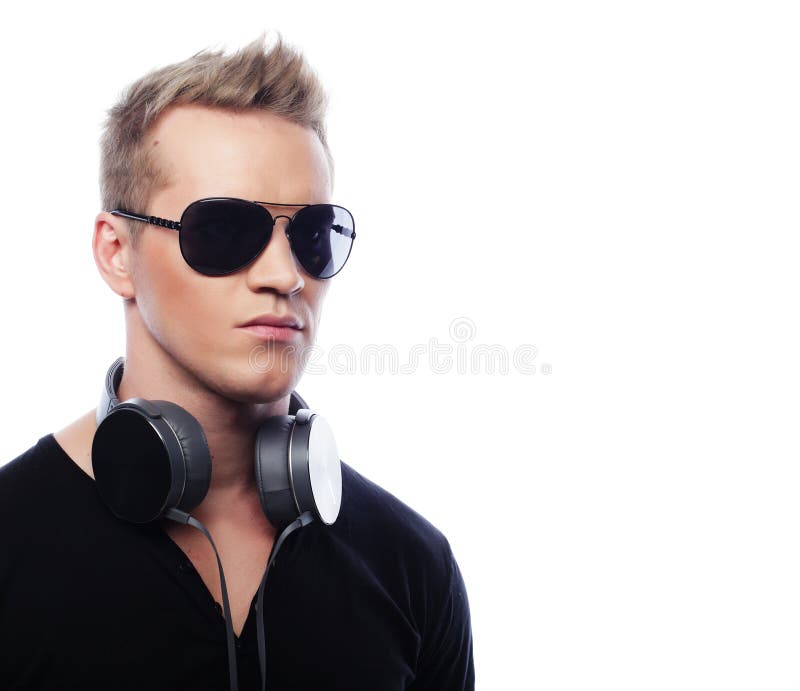 Portrait of a Young Man with Headphones Stock Photo - Image of audio ...