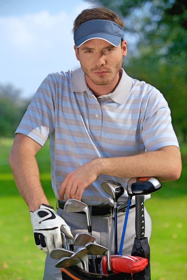 Young Man Standing Golf Bag Full Sticks Stock Photos Free & Royalty