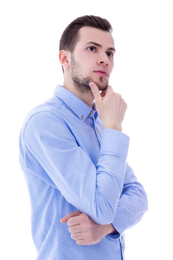 Young Dreaming Man Isolated On White Background Looking At Something ...