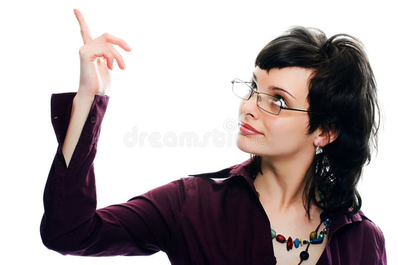 Portrait young pretty girl in glasses show finger up